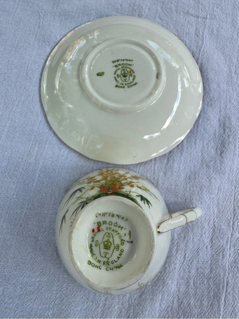 Vintage Royal Stafford Bone China Teacup & Saucer BROOM Pattern Made in England